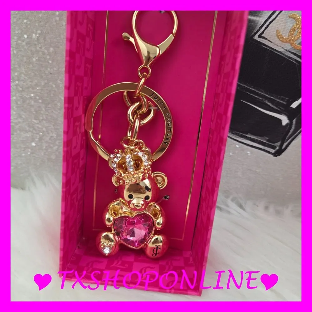 🧸👑Juicy Couture Teddy Bear with Pink Heart Gem Bag Charm Keychain🧸👑